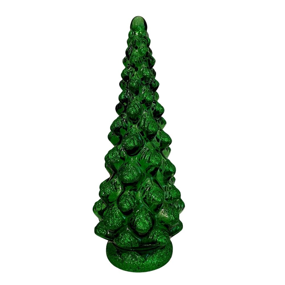 Illuminated Green Glitter Glass Christmas Tree 15.5in Chic Holiday Decor New